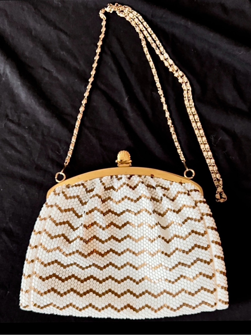 Vtg 1950s Whiting Davis White Gold Zebra Chevron Metal Mesh Evening Bag